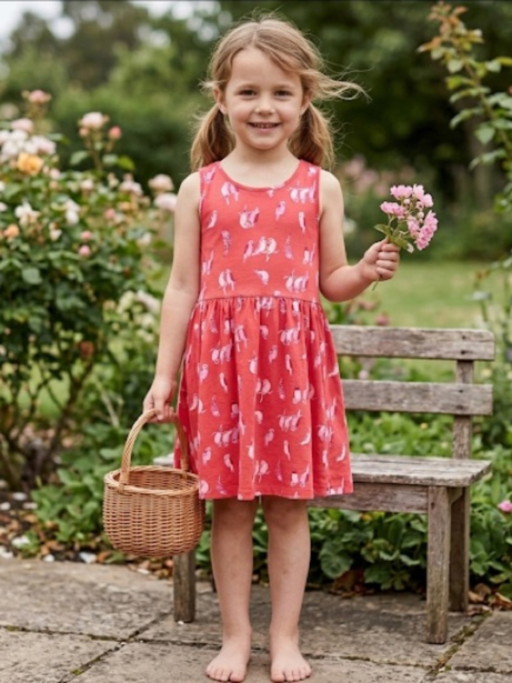 Girls' Coral Pink Sleeveless Cotton Dress with budgie bird Motif